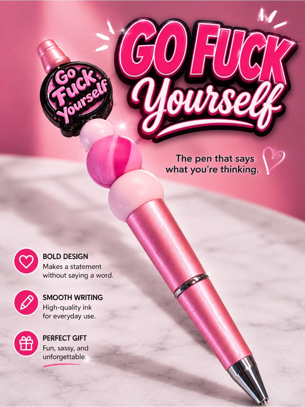 Funny Hand Crafted Pink Beaded Pen Top with Cheeky Enamel Charm